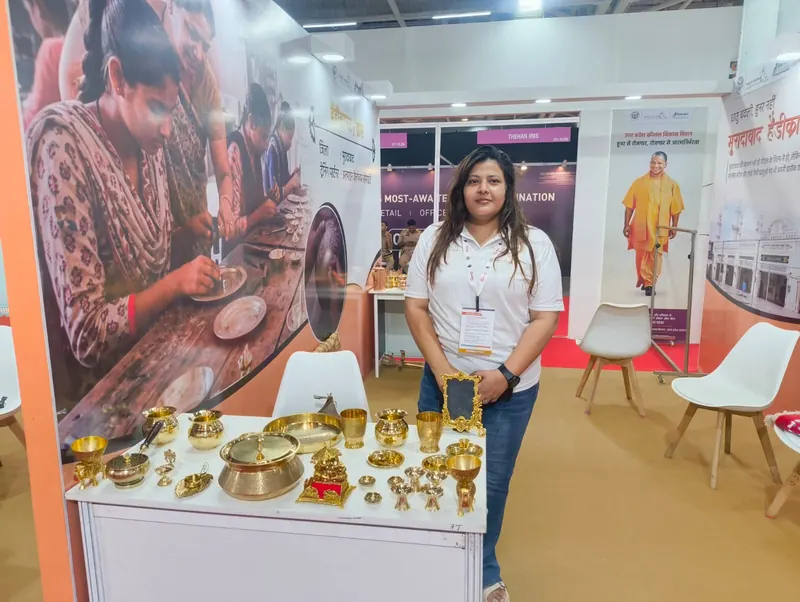 Brass handicrafts displayed at the Moradabad stall, International Trade Show, Noida